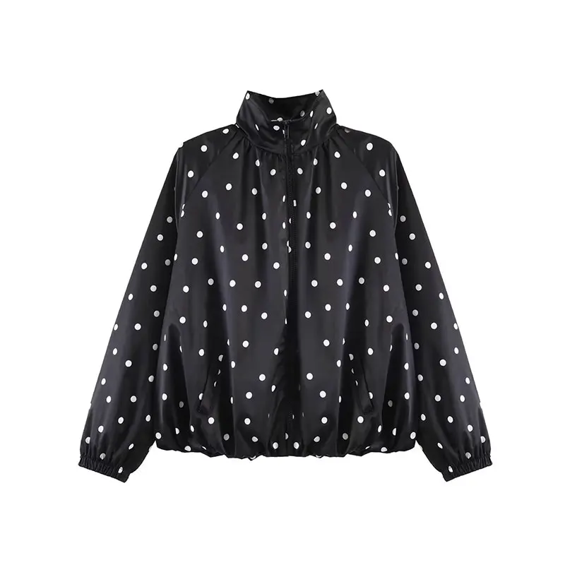 Nlzgmsj 2026 Polka Dot Print Stand Collar Zip Up Jacket Women Y2K Streetwear Loose Long Sleeve  Casual Daily Outerwear