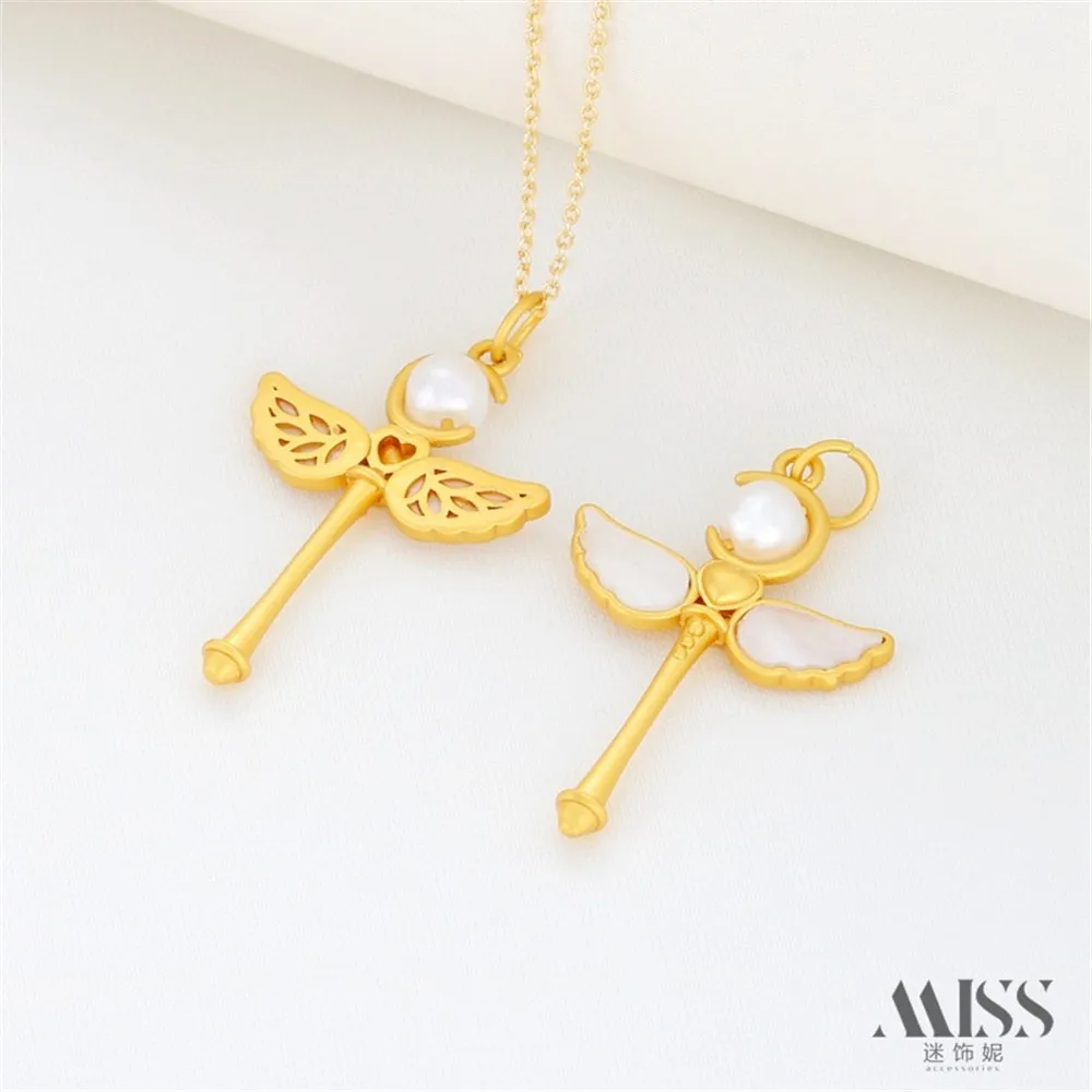 18K Gold Bag Color Retention Inlaid White Shell Fairy Stick Angel Wing Pendant DIY Pearl Necklace Pendant Accessories