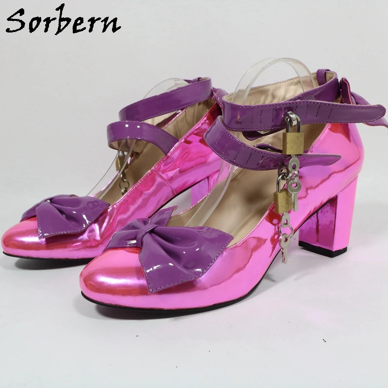 Sorbern Black Shiny Women Pump Kitten Heels Round Toe Shoes With Ankle Strap Bowknot  Platform Pump Chunky Heel Lolita Shoes