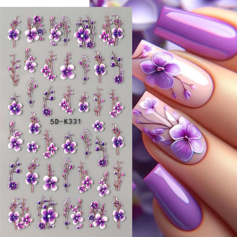 Autocollants 5D pour Ongles à Motif Floral, Décalcomanies Auto-Adhésives en Relief, pour Décoration de Manucure à Faire Soi-Même, 3 Pièces