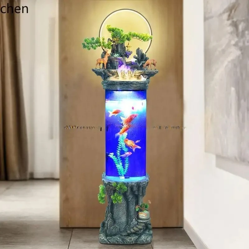 

b7- Chinese and European cylindrical water scene ornament goldfish tank living room office floor-to-ceiling aquarium box