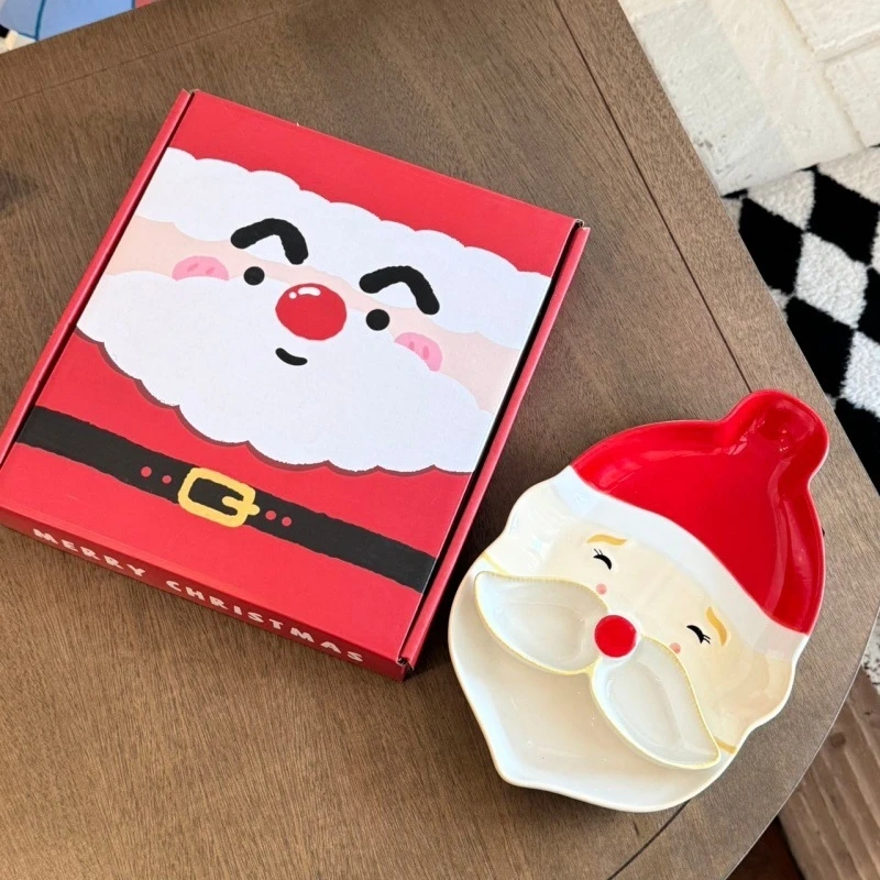 手描きエンボス加工サンタセラミックデザートプレート、キュートなクリスマスケーキ皿、テーブルデコレーション、子供と家族のための祝祭ホリデーギフト