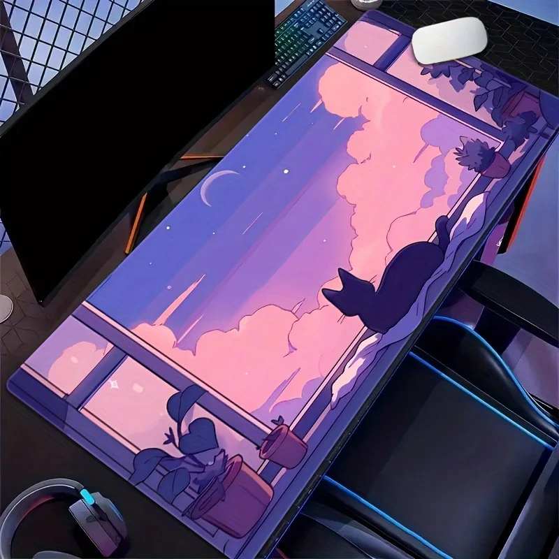 Purple Sky Cat Window View Extended Gaming Mouse Pad Non-Slip Rubber Base Smooth Surface Desk Mat