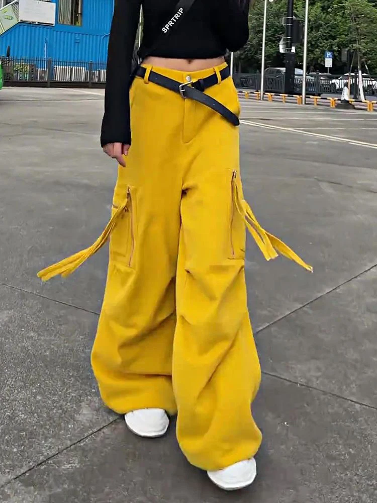 Femmes Streetwear Cargo pantalon ample décontracté poche fermeture éclair lanière jambe large pantalon américain Hip Hop jaune Hottie taille haute pantalon