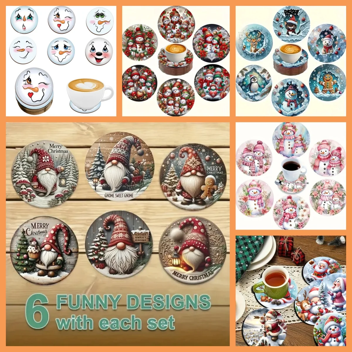 

6 Snowman-patterned round wooden anti-slip and heat-insulating coasters, office/kitchen/decorative cup holders, New Year gifts