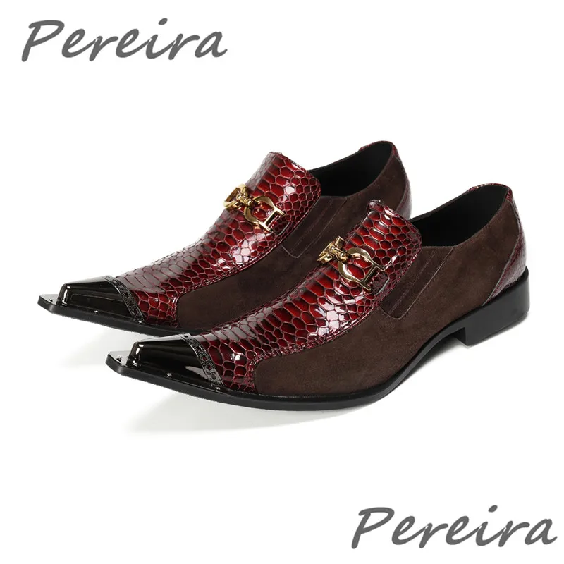 

Brown Suede Iron Toe Men's Shoes Trendy Patchwork Metal Buckle Low Heel Loafers Summer New Handmade Party Wedding Dress Shoes