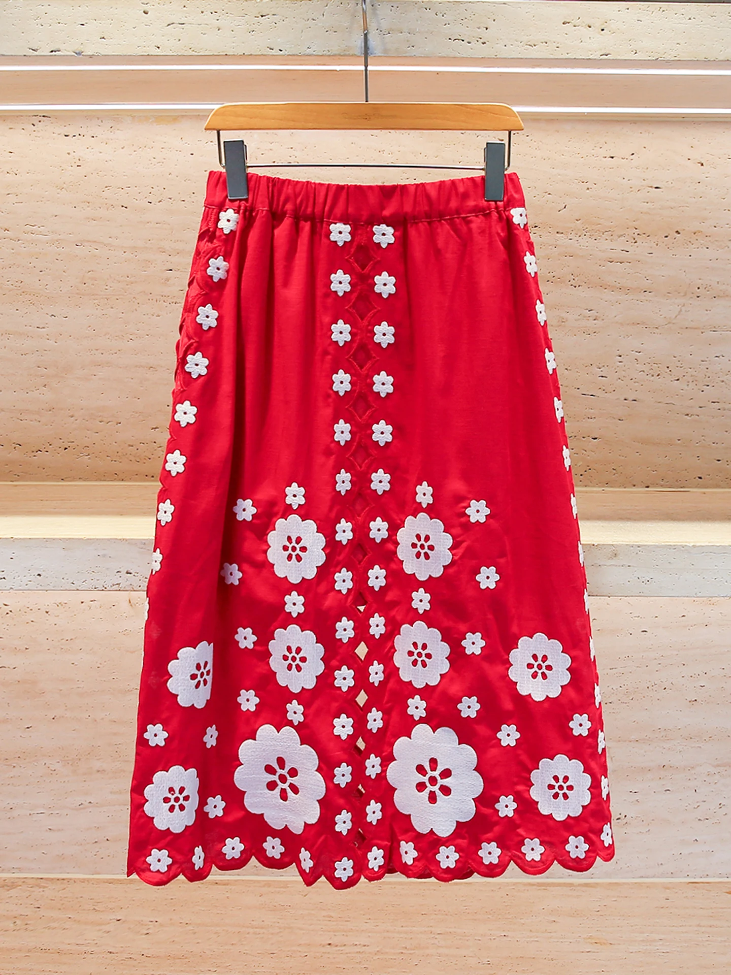 

Sweet Ruffle Hem Red Vaion Sle Midi Skirt High Waist A-Line Silhouette Casual Wear No Split Chinese Manufacturer