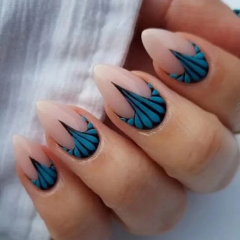 

24-Pcs Euro StyleMermaid Tail Press-On Nails - Teal Blue Almond Shape With Scale Design Medium-Short Length