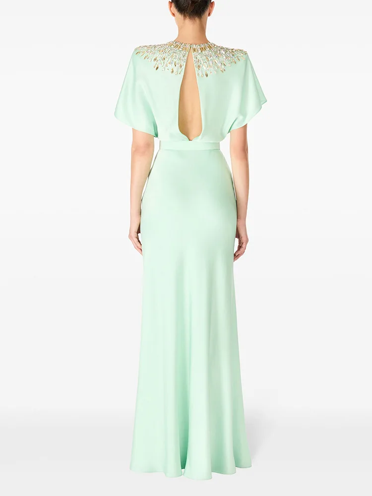 ハイストリート最新ファッション2025 ベスティド レディース バックレス シャイニーサテン ビーズダイヤモンド ロングマキシドレス