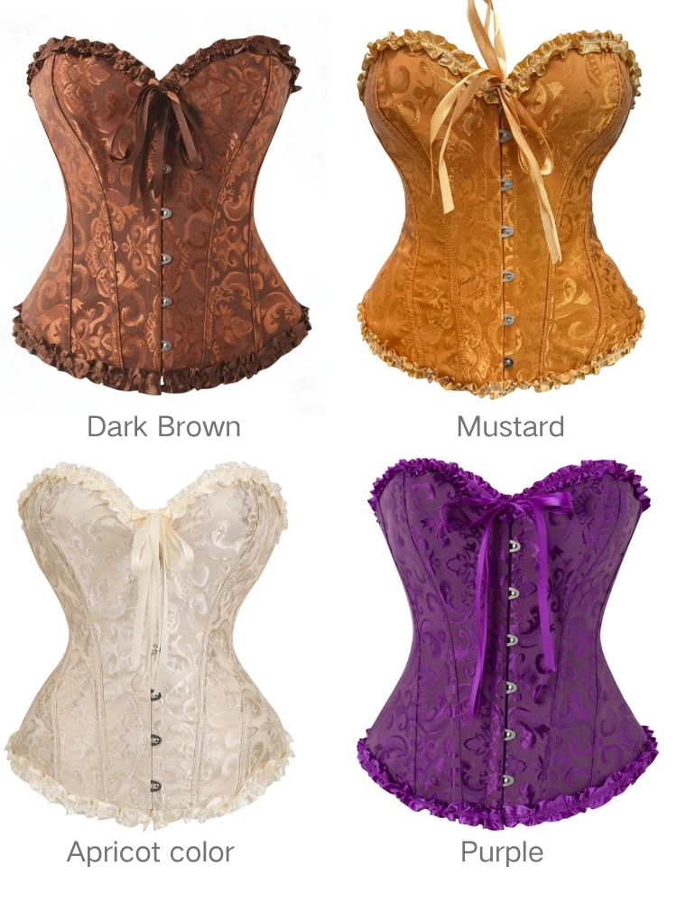 Gotisches Jacquard-Korsett-Oberteil mit Rüschenkragen, Stahlbügel vorne, verstärkt, Damen, Vintage, Halloween, Cosplay-Kostüm, 28 Farben – Detail 11