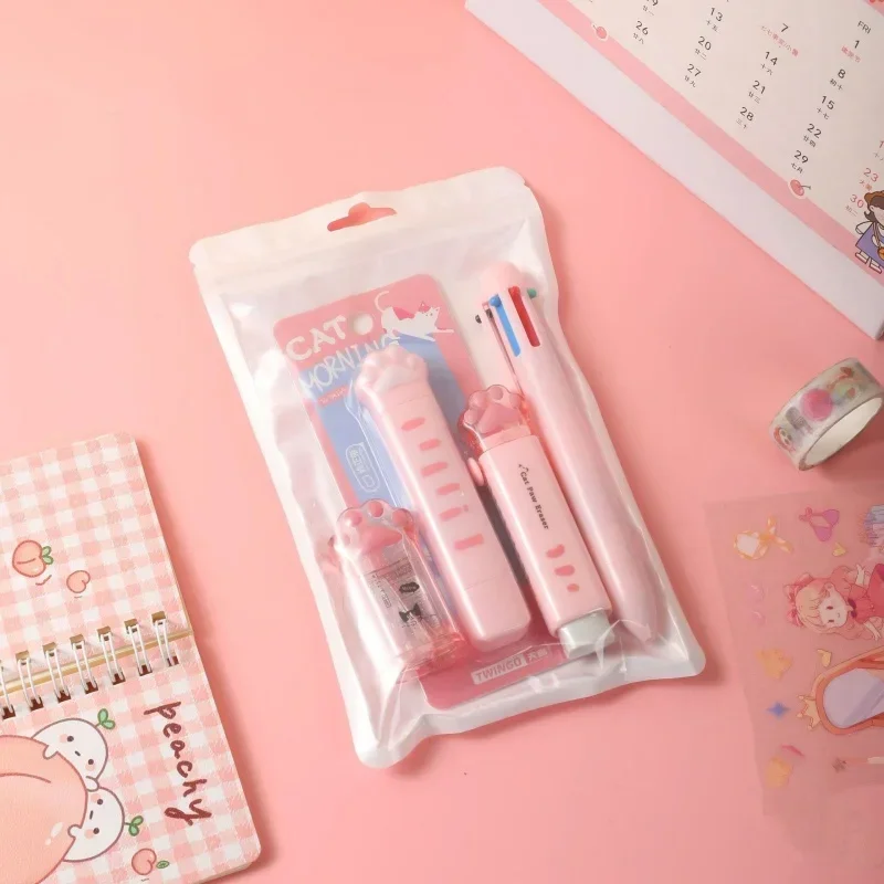 4pc/set Cute Stationery Set Sweet Cartoon Kitten Paw Eraser Ballpoint Pen Correction Tape Box Cutter Set Student School Supplies