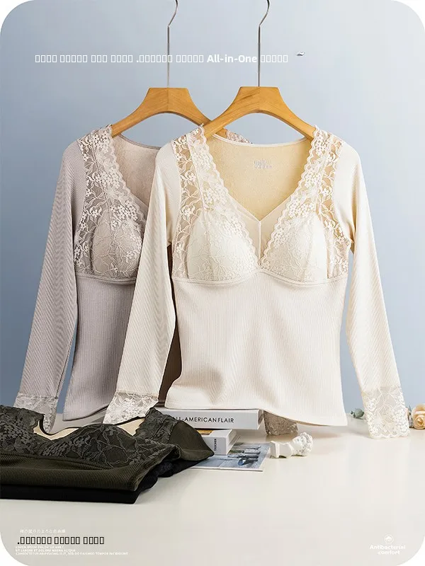 Camiseta Térmica Larga para Mujer Thiened, con Escote en V, Encaje, Ropa Interior, Otoño Invierno, Color Base, con Relleno en el Pecho