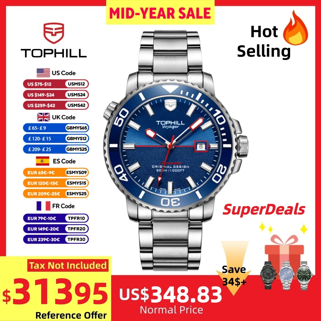 

TOPHILL Watch Men Mechanical Reloj Diving Self Winding 45mm S280 Movement Sunray Fire Texture Dial 3H Date 30Bar Sapphire TD003G
