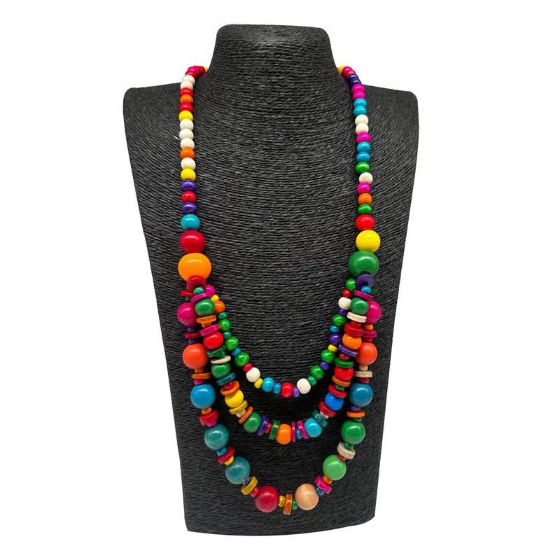 2024 Ethnic Customs Handmade Multi Layer Color Wood Necklace & Coconut Shell Pendant Bib Beads Jewelry Vintage Statement Jewelry