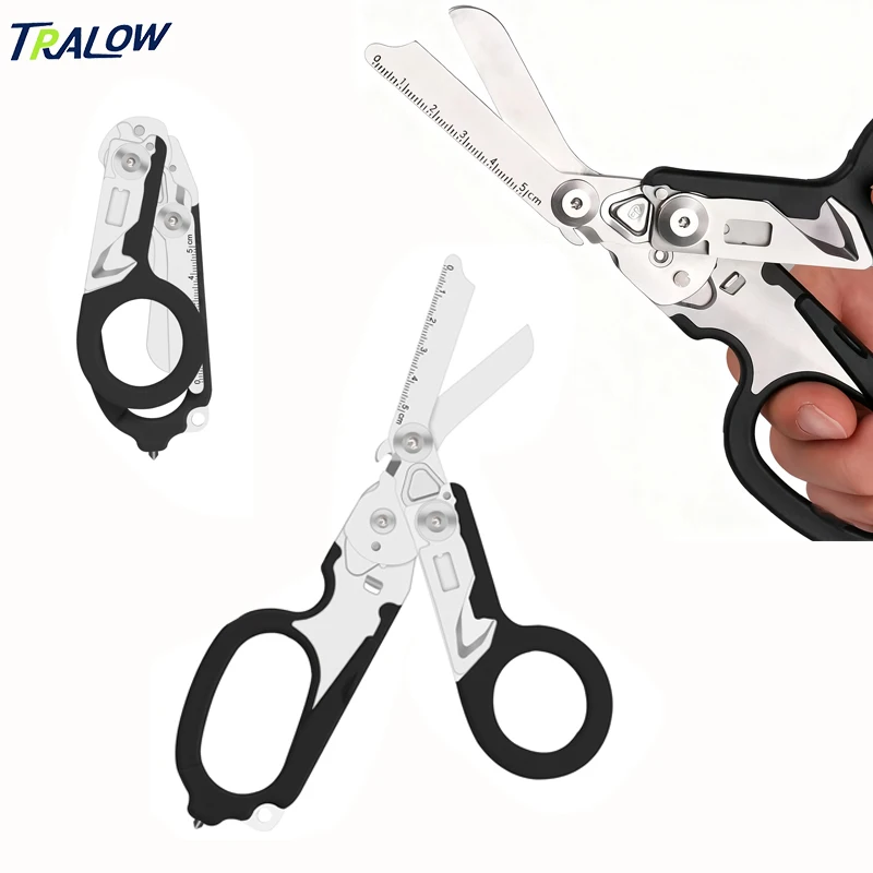 

TRALOW Tactical Scissors Portable Folding EDC Multi Functional Stainless Steel Practical Scissors with Cutter and Glass Shatter