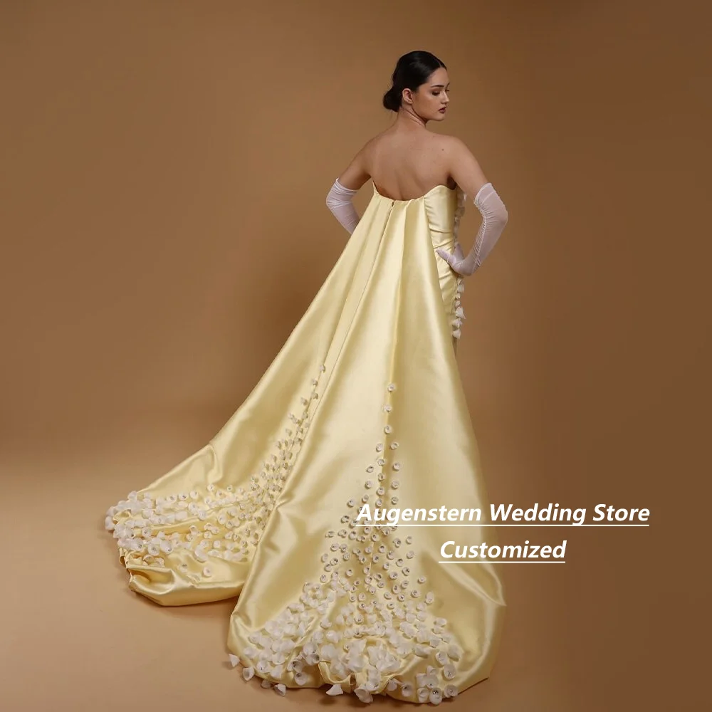 Customized Pale Yellow Mother Of The Bride Gown Strapless Satin Mermaid 3D Floral Detachable Over sized Train Evening Dress