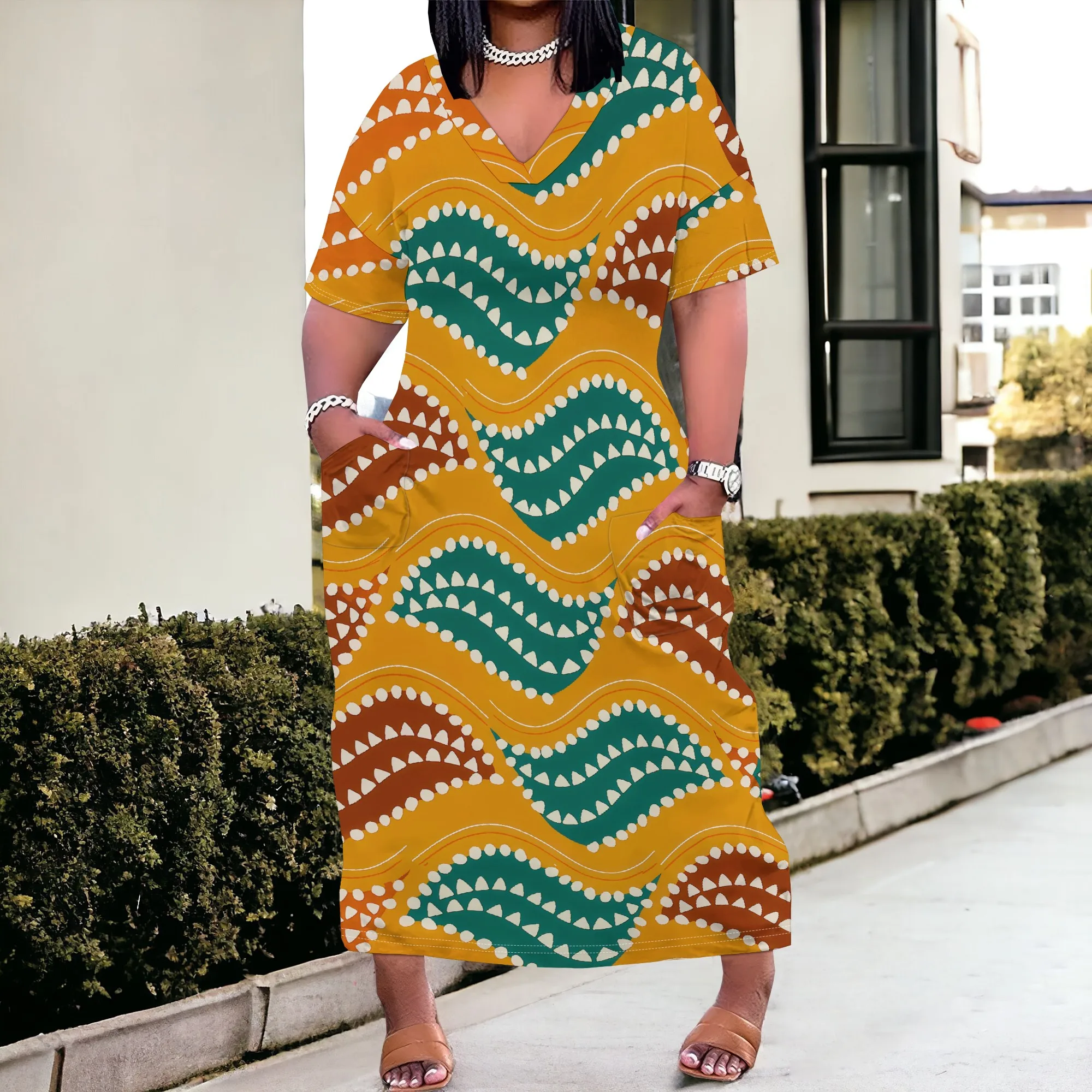 

Plus Size African Print Dress for Women XL-6XL 2025 Summer Casual Loose Maxi Kaftan Dashiki Style Dress with Pockets