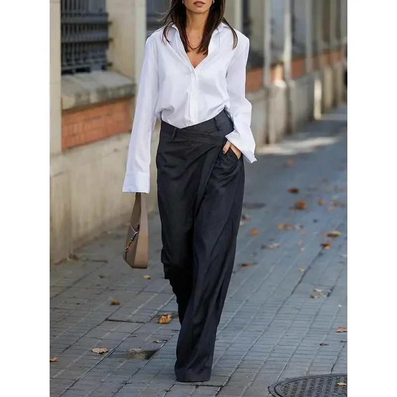 UOOZEE-pantalones de traje de oficina para mujer, pantalón informal urbano, de cintura alta, pierna ancha, largo hasta el suelo, para ir al trabajo, 2024