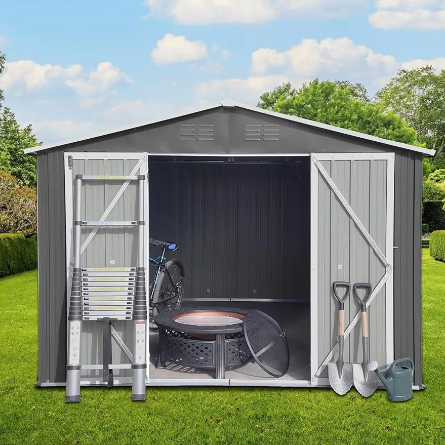 

10X8 FT All Weather Outsied Metal Sheds with Metal Foundation & Lockable Door, Tool Shed for Garden, Patio, Backyard, Lawn, Grey