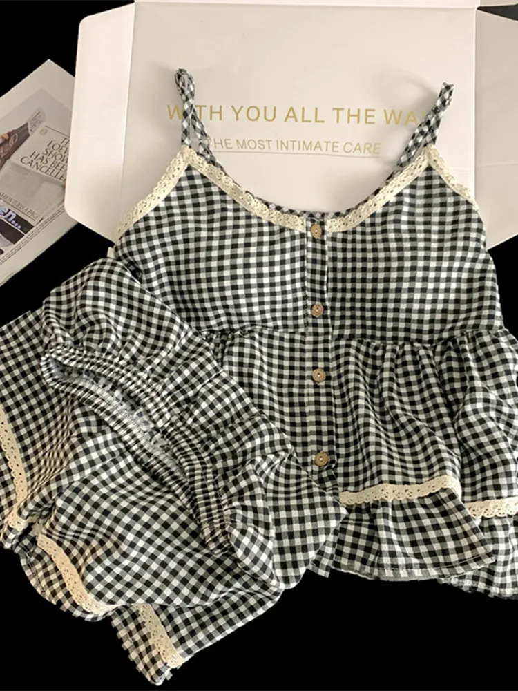 

Summer Plaid Lace Trim Che Women's Sle Home Clothes Set with Chest Pad Two-Piece Set V-Ne ort Sve Spwear
