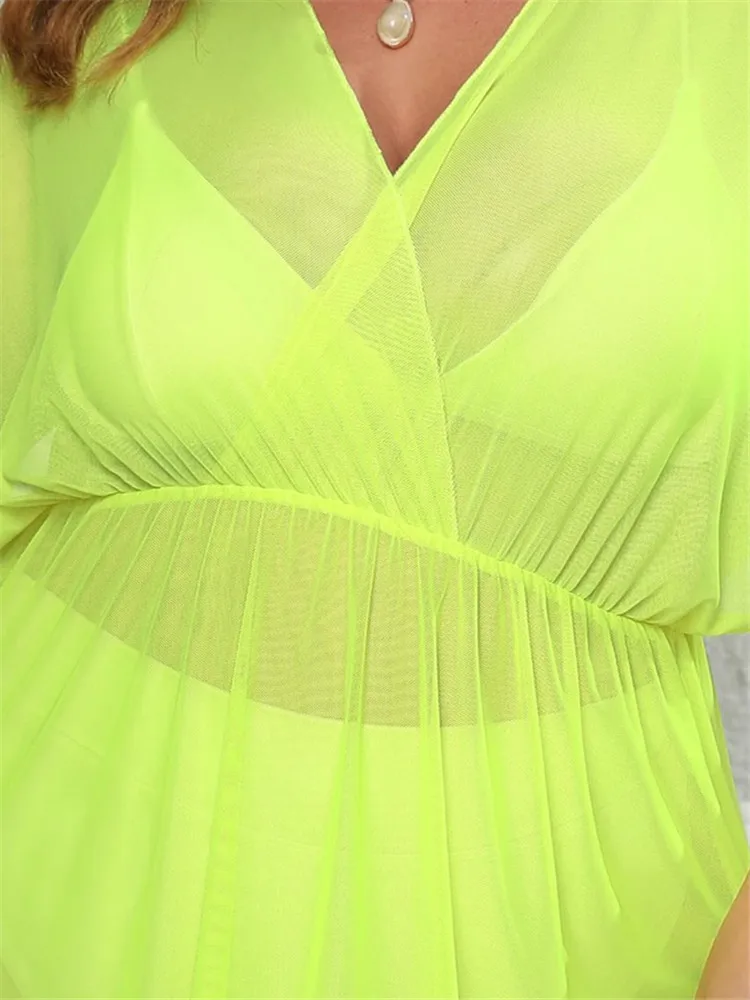 3XL Plus Size Beach Cover Up for Women Bikini Coverup Large Green Transport Dress Split Tunic Elastic Waist 2024 praiaa feminino