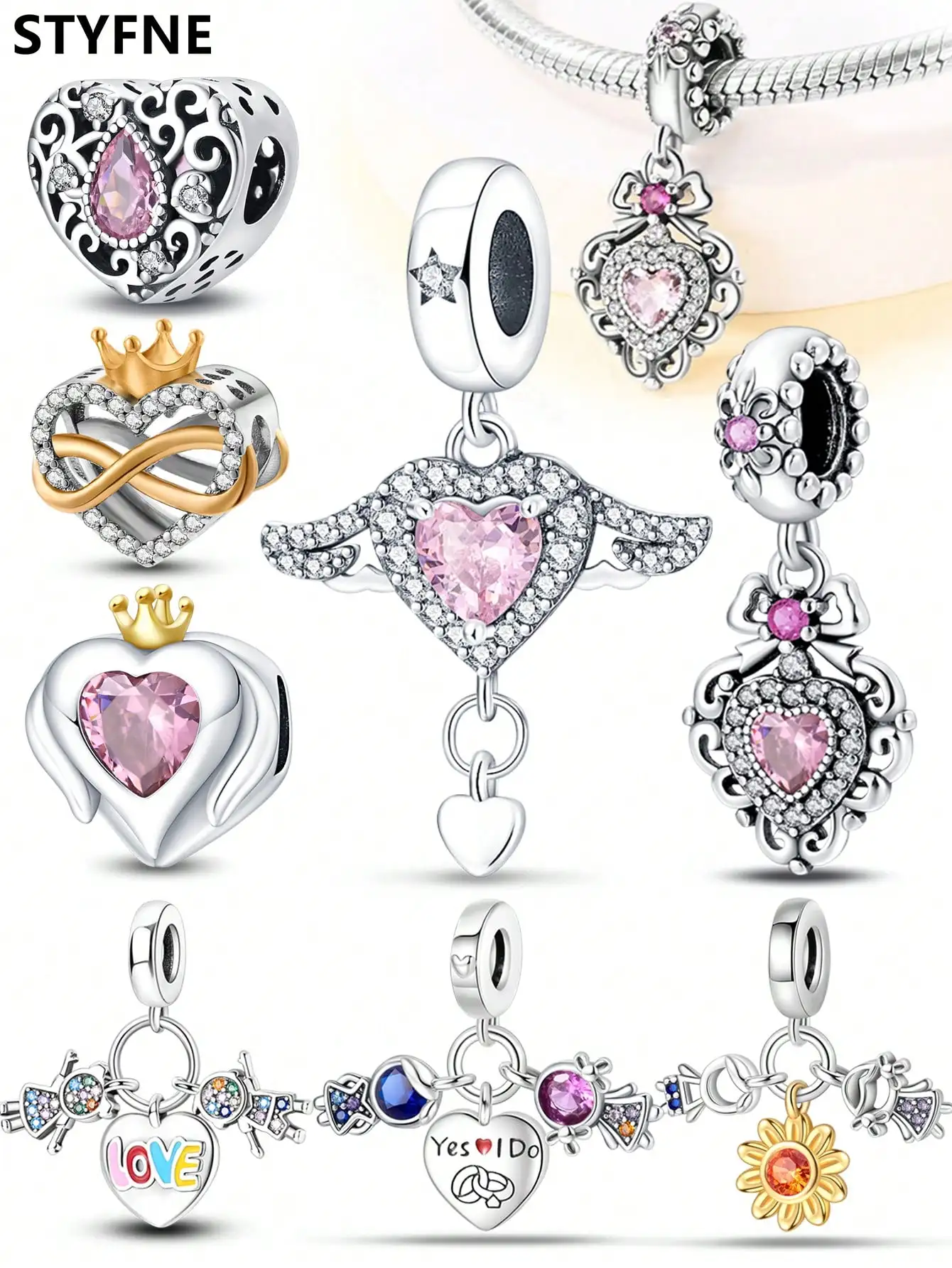 925er Silber vergoldet, Original-Charms, Valentinstag, Liebe, Krone, Perlen, passend für Armbänder, Damenschmuck, Geschenk