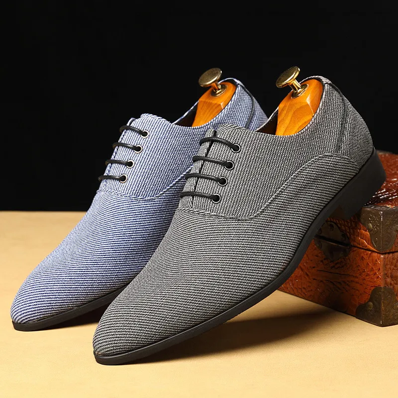 Dress Shoes Men Business Pointed Toe Canvas Dress Shoes Men gray Lace Up Oxfords Formal Man Shoes Casual Driving Shoes Loafers