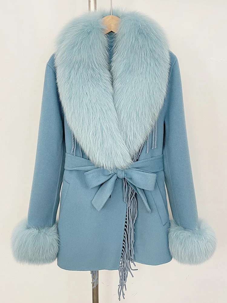 Giacca di lana di pelliccia naturale moda donna Cappotto corto di lana di vera pelliccia di volpe Nuovi vestiti autunno inverno Cappotto con nappa femminile