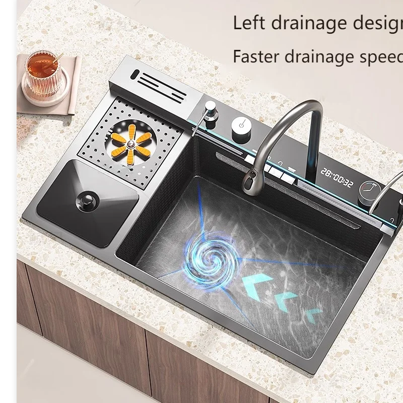 Fregadero de cocina de acero inoxidable con bote de basura en relieve con grifo de cascada, pantalla Digital, fregaderos grandes para lavavajillas individuales