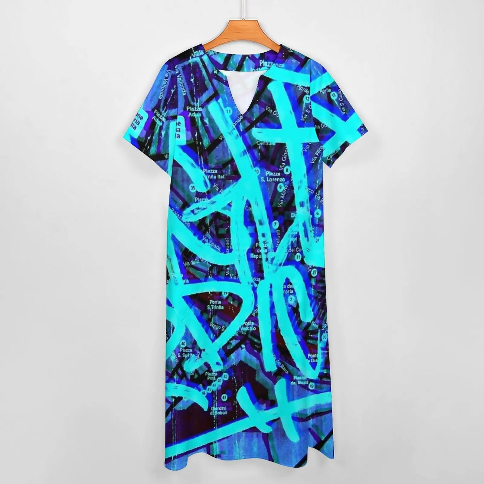 Graffiti Artists Dress Blue Print Elegant Maxi Dress Short Sleeve Design Boho Beach Long Dresses Aesthetic Oversize Vestido