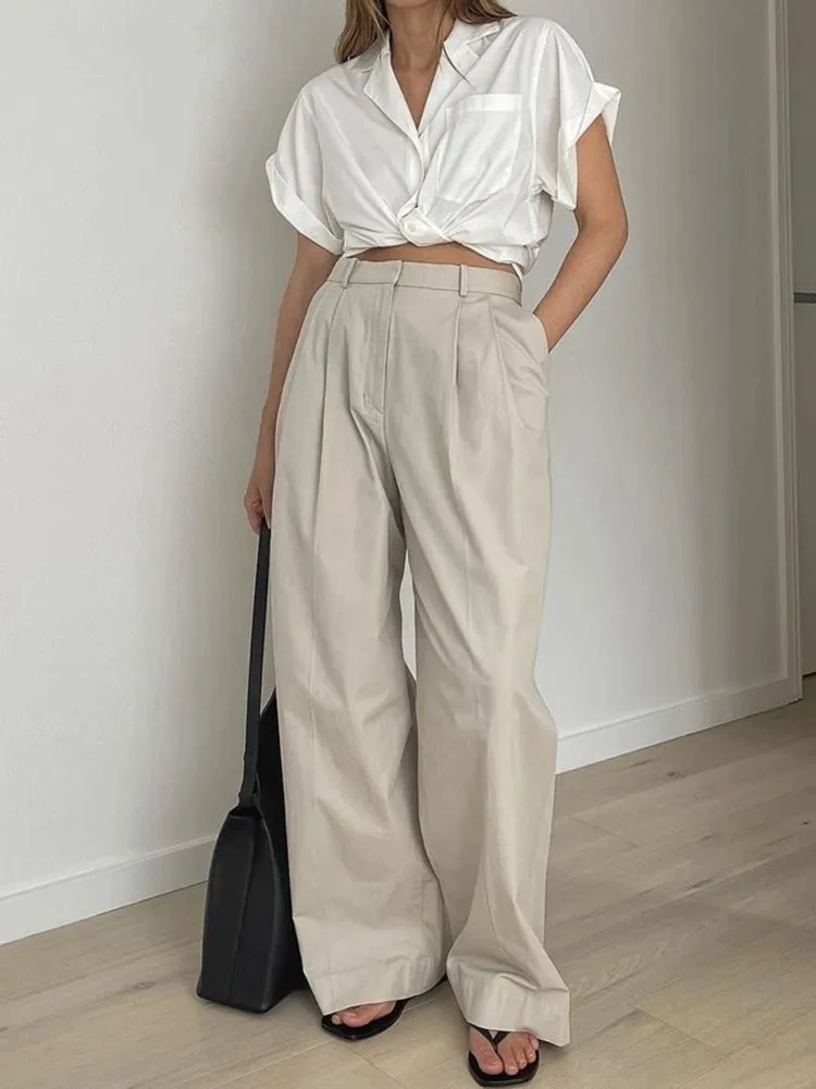 

Women's Summer Beige Pleated Cozy Long Pants Pockets Office Ladies Wide Legs Pants Casual Loose Work Trousers 2023 for Women