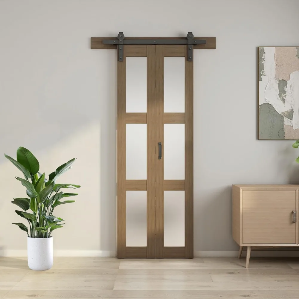 Double Fold Glass Barn Door, Double Fold Glass Sliding Barn Door Kit Including Hardware, 3 Panel Glass Barn Door Panel, Brown