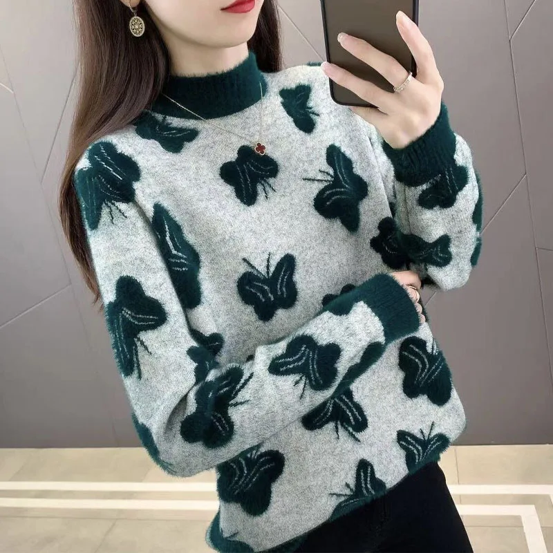 Autumn and Winter Fashion Hong Kong Style Half High Neck Westernized Butterfly Jacquard Imitation Mink Fleece Loose Sweater