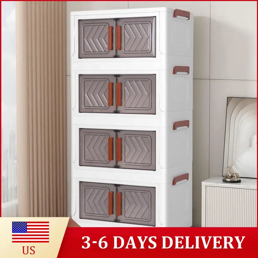 

4-ярусные пластиковые контейнеры для хранения с дверцами и колесами, складные и штабелируемые органайзеры для дома, офиса, общежития