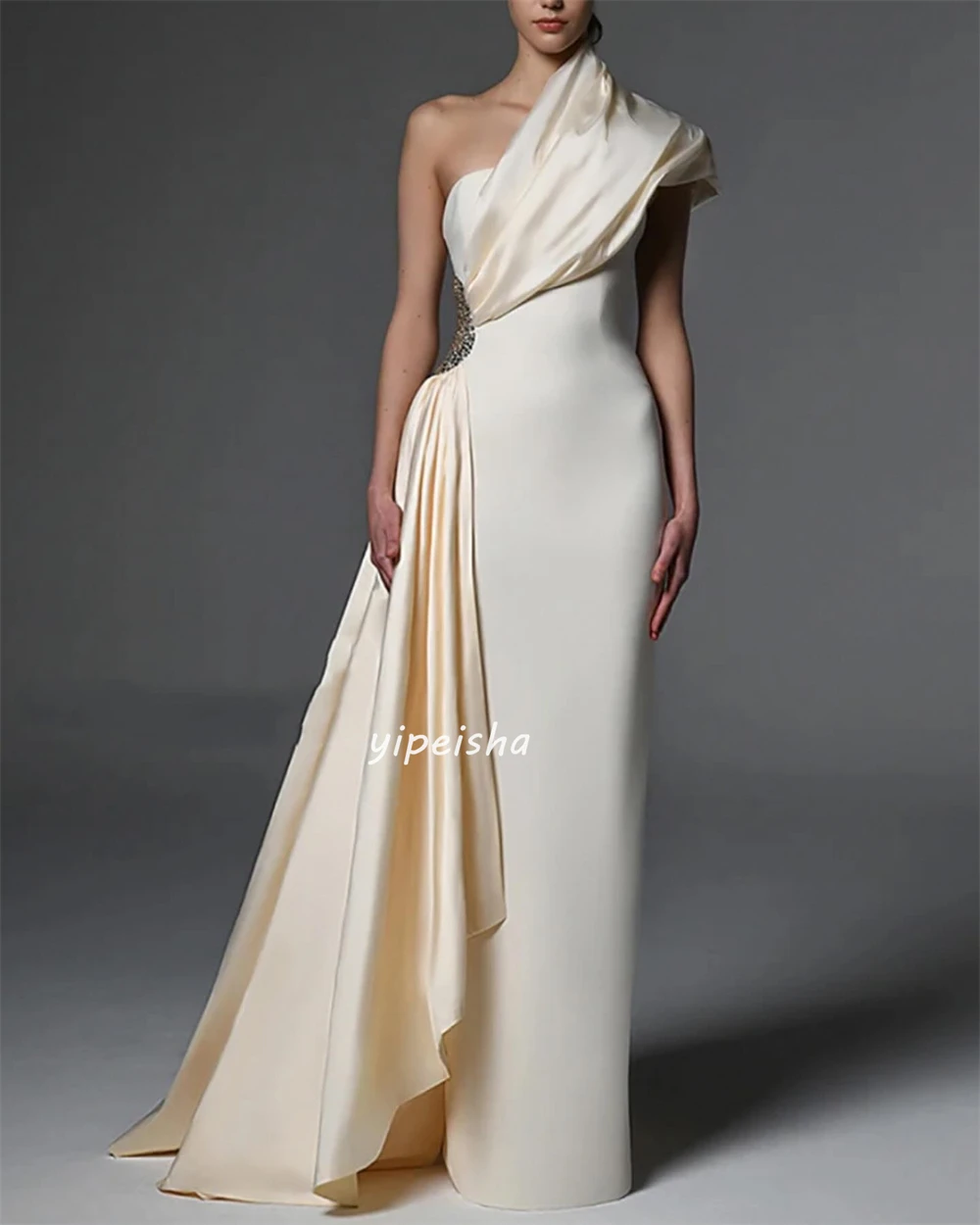 Exquisite Jersey Sequined Pleat Ruched Straight One-shoulder Long Dresses Prom Dresses Classic Unisex Simple Fashion Elegant