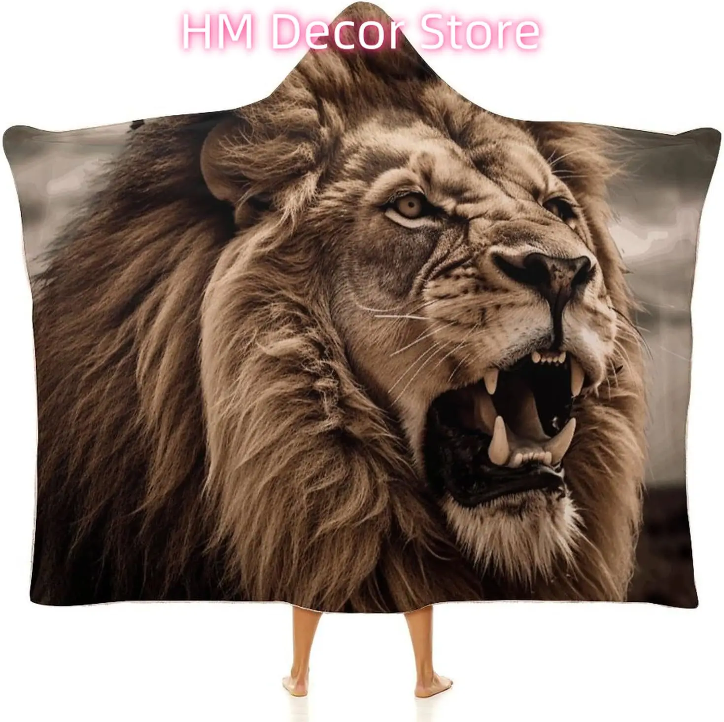 Angry Lion Wearable Hooded Blanket, Ultra Soft Arctic Velvet Cape Cloak Unisex - Cozy Wearable Blanket 50