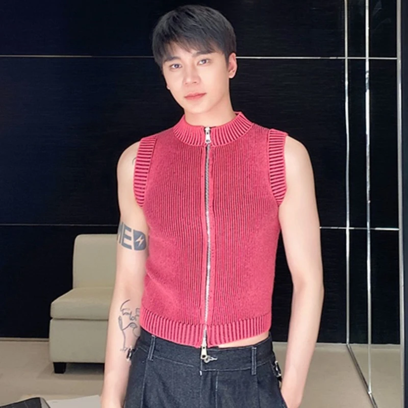 IEFB Male Knit Vest Casual Stand Collar Zipper Solid Color Elasticity Men Knitting Sleeveless Top 2024 spring New Stylish 9C4960