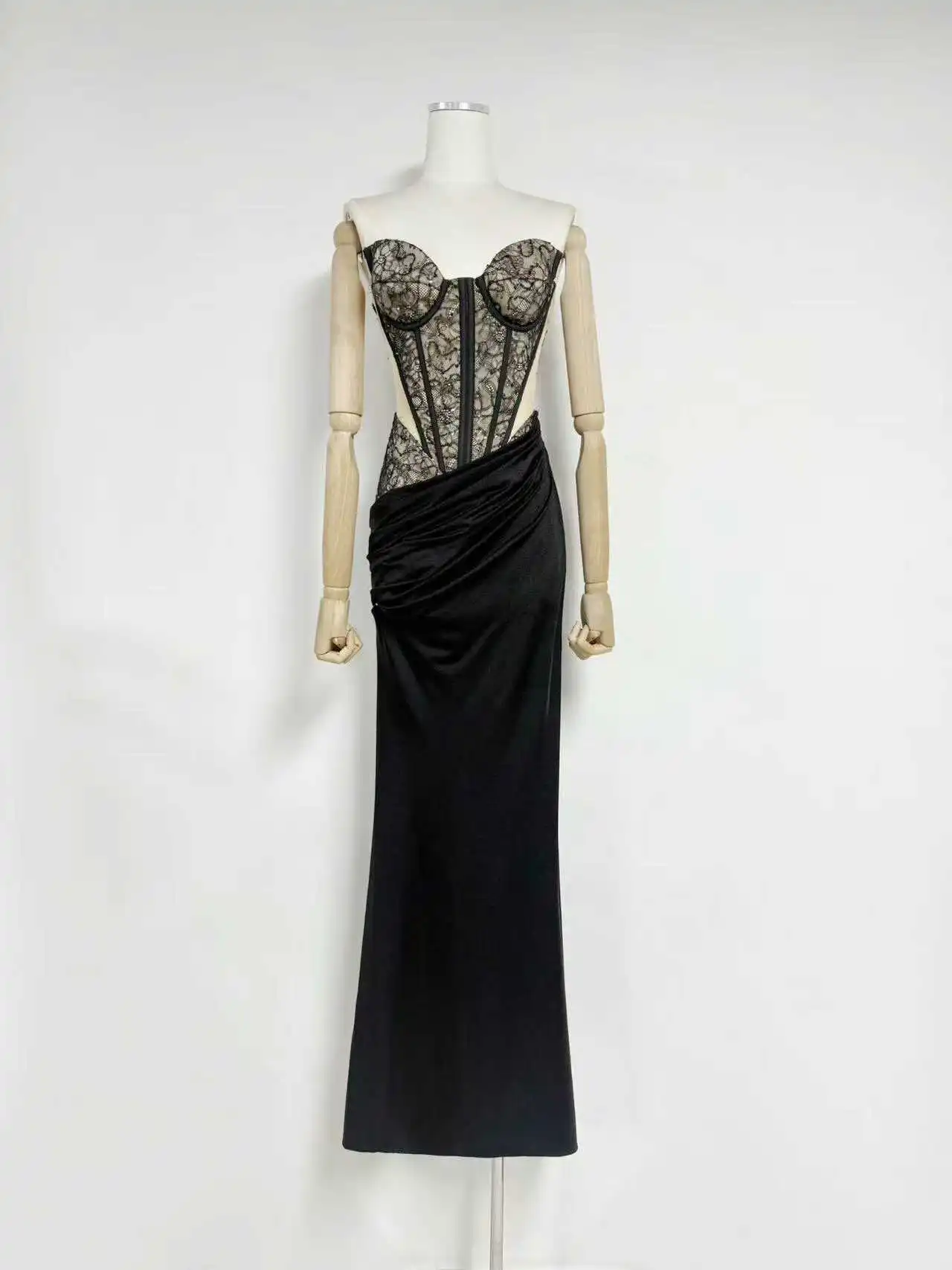 Strapless Corset Midi Mermaid Evening Dress Women Lace Satin Side Cut Out Pleated Formal Party Wedding Guest Maxi Dresses