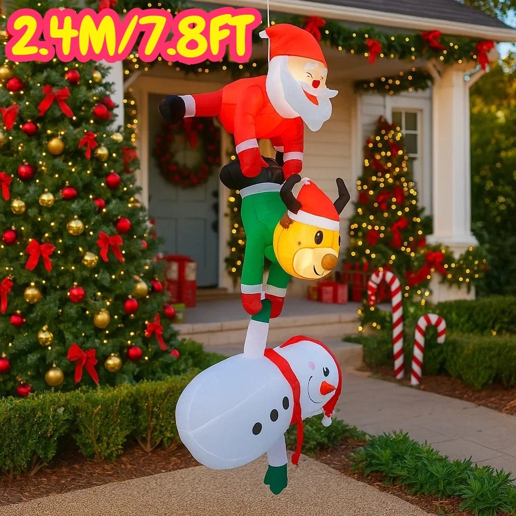 2.4M/7.8FT Gonfiabile Babbo Natale Renna Pupazzo di neve Luci impilate LED Decorazioni per la casa Giocattoli Cortile Forniture di Natale Decorazione del cortile esterno