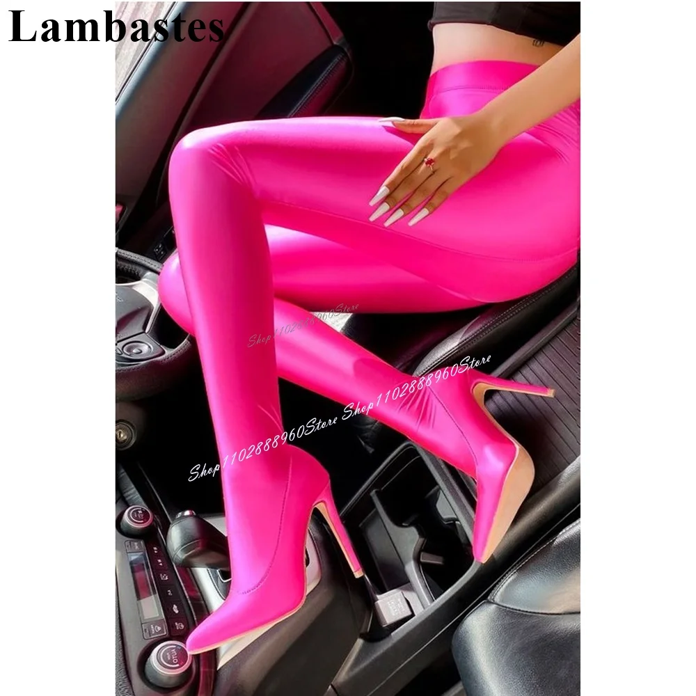 Western Style Rose Red Soft Elastic Slim Trouser Boots Stilettos High Heel Women Shoes Pointed Toe 2024 Sexy Zapatos Para Mujere