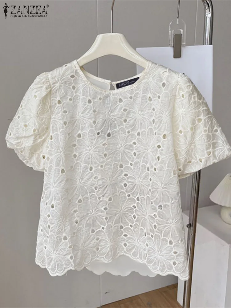 

ZANZEA Summer Lace Crochet Blouse Women Elegant O Neck Short Sleeve Tops Casual Office Lady Blusas Female Holiday Shirt Chemise