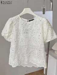 ZANZEA Summer Lace Crochet Blouse Women Elegant O Neck Short Sleeve Tops Casual Office Lady Blusas Female Holiday Shirt Chemise