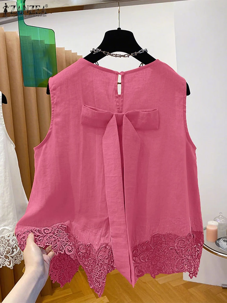 ZANZEA Stylish Bow Detail Lace Patchwork Tank Tops Women 2025 Summer Fashion O-Neck Sleeveless Tops Casual Solid Color Blouses