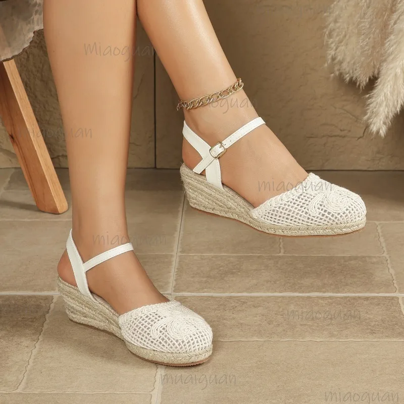 Women's Crochet Lace Closed‑Toe Ankle Strap Espadrille Wedge Sandals Ladies Fashion Platform Shoes Breathable Summer Shoes
