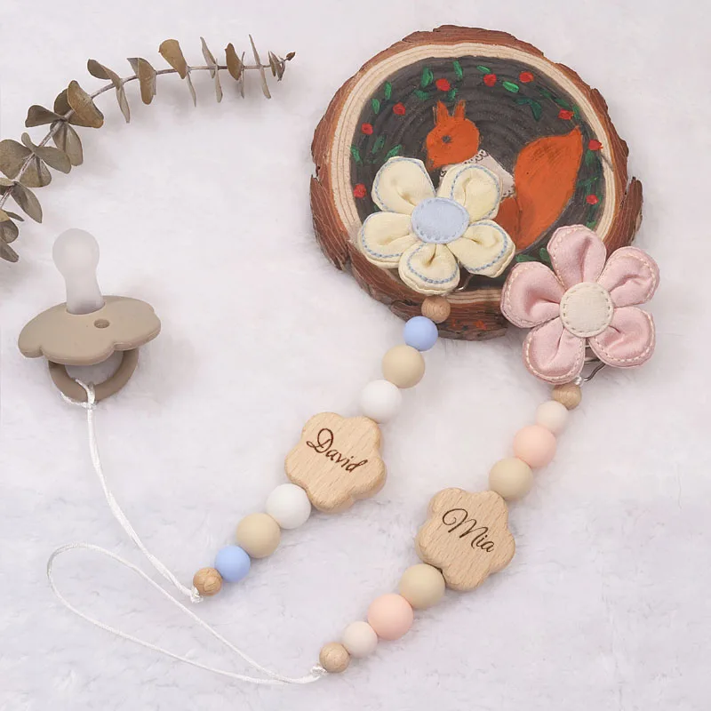 Personalized Custom Name Wooden Baby Pacifier Chain Clips Silicone Bead Dummy Nipple Holder Guard Teether Pendant  Newborn Gift