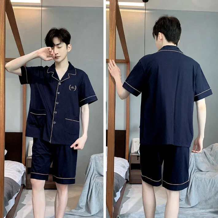 New 2024 Men\'s Summer Casual Sleepwear Pajama Sets Cotton Short Sleeved Night Clothing Pyjamas Suit Male Loose Home-wear Sets