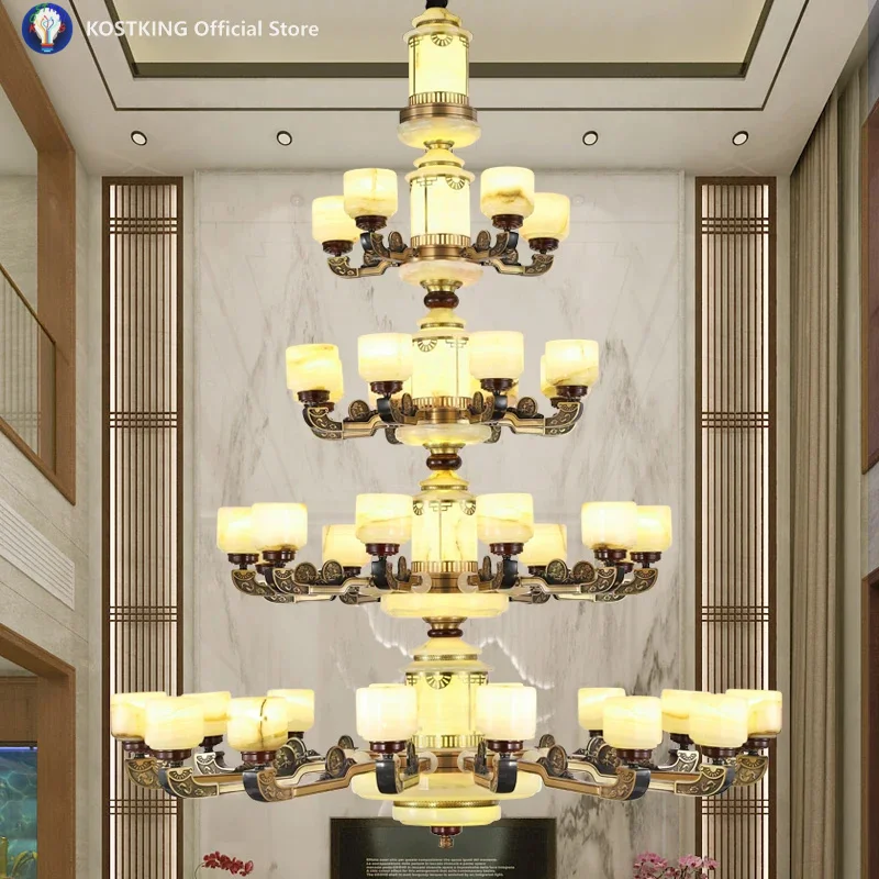 New Chinese natural jade living room chandelier all copper duplex  building  chandelier modern simple restaurant Zhongshan lamps
