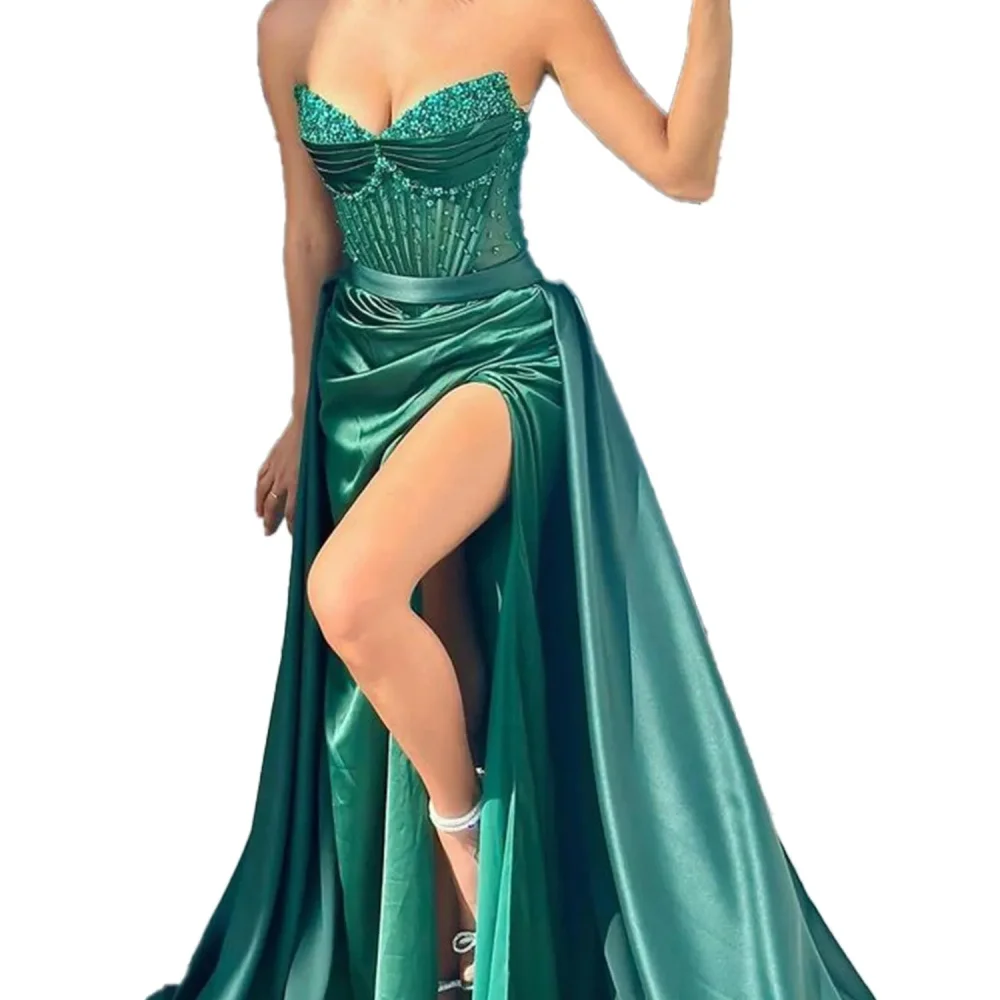 Turquoise Green Mermaid Prom Dress Long Women's Sweetheart High Side Slit Beaded Swing Tail Evening Gown Formal Birthday Dress