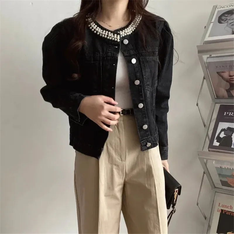 Spring New Korean Short Beading Long Sleeve Denim Jacket Fashion O-Neck Single-Breasted Jeans Coat Ladies Loose Outerwear B348