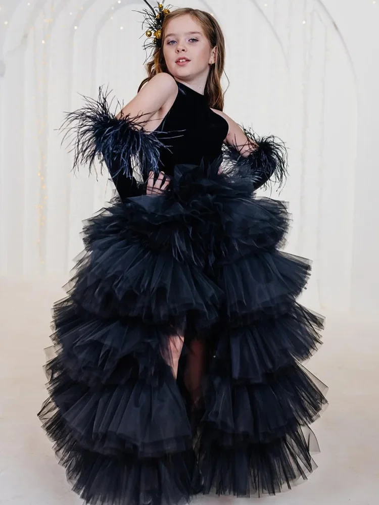 Black children's dress, a halter and backless princess dress, birthday model catwalk performance outfit, a short front and long
